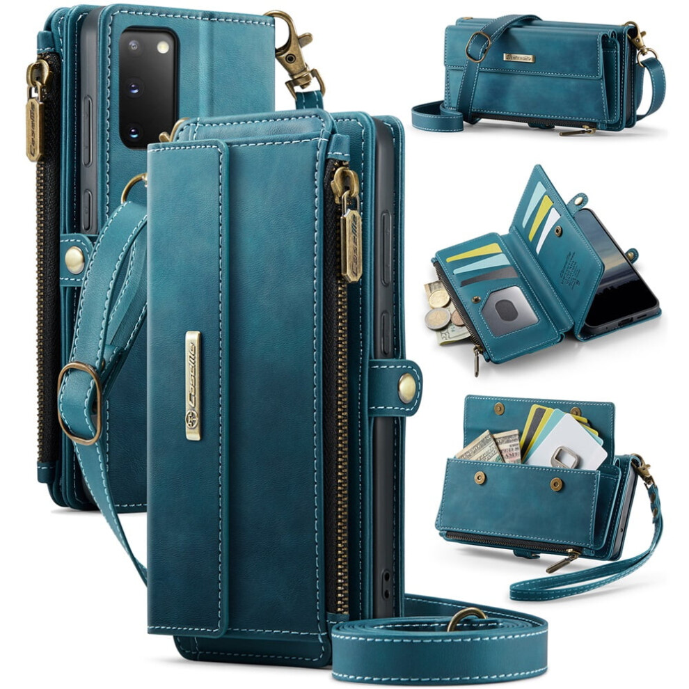 Caseme Wallet Case For Compatible With Samsung Galaxy S20 5G Â Rfid-Blocking Pu Leather, Kickstand, Wrist Strap, Zipper, Card Slots, Blue 9340959389131
