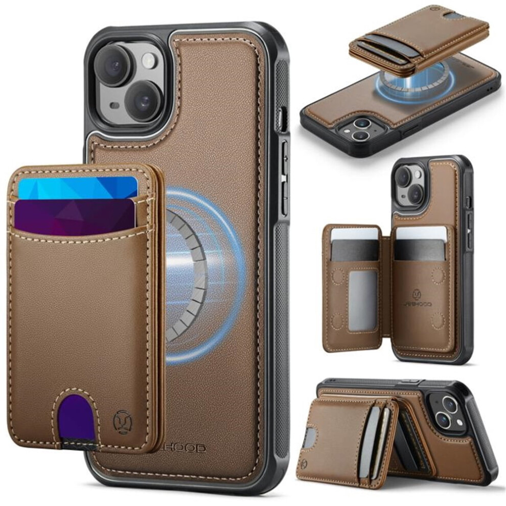 Jeehood Rfid-Blocking Pu Leather Case For Iphone 13, Magsafe-Compatible 2-In-1 Wallet With Kickstand & Push Card Holder, Brown 9340959389308