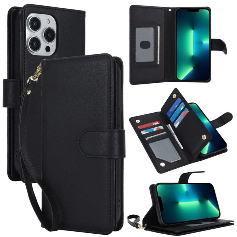 Leather Magnetic Flip Wallet Case For Iphone 13 Pro Max 6.7": Rfid Blocking, Kickstand, Anti-Drop Tpu, Detachable Wrist Strap, Black 9340959390342