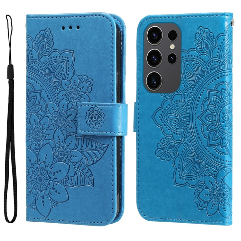 Pu Leather Flip Wallet Case For Samsung Galaxy S24 Ultra 6.8" Â Magnetic Closure, Card Slots, Hanging Rope, Seven Petal Flower Embossed Blue 9340959390939