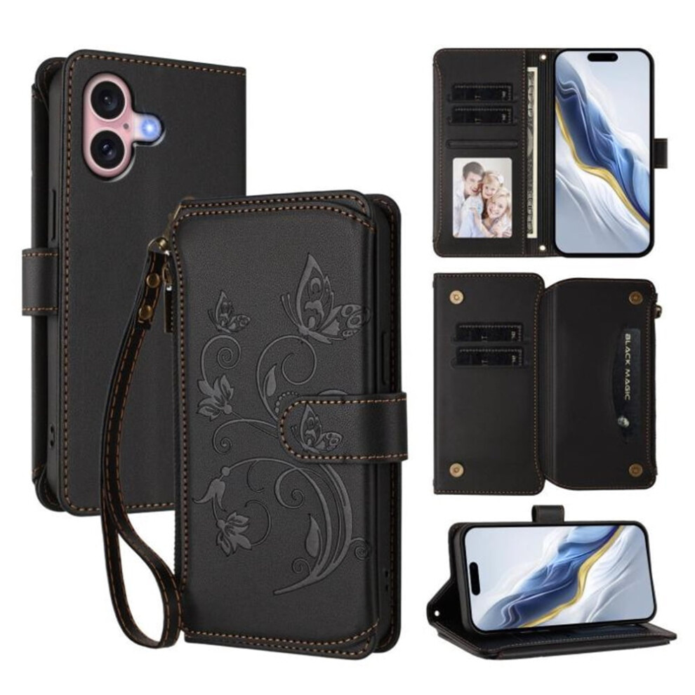 Magnetic Clasp Flip Stand Case For Iphone 16 Plus Â Lanyard, 5-Card Holder, Butterfly Flower Zipper Wallet, Black 9193271085614