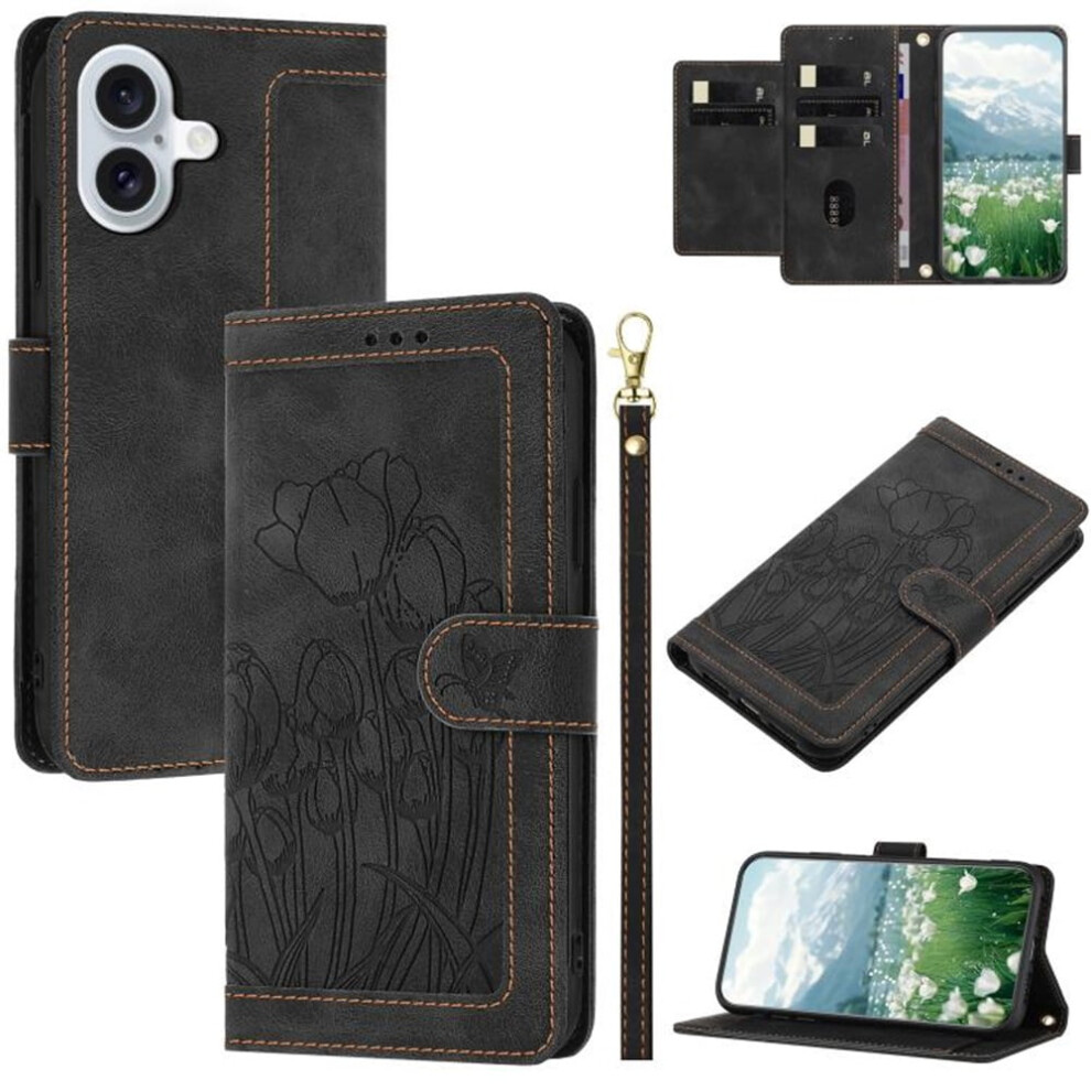 Leather Flip Wallet Case For Compatible With Iphone 17 Â Tulip Embossed, 5-Card Holder, Magnetic Closure, Detachable Wrist Strap, Shockproof, Black 9193271088325