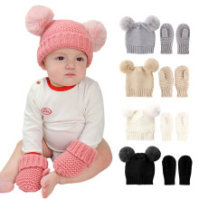 Winter Mittens Gloves Beanie Hat Set for 0-3 Years Baby Toddler Children, Thick Warm Pompom Acrylic Fiber Thermal Set for Boys Girls