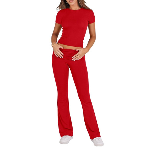 Solid Color Slim Fit Short Sleeve Trousers Suit Red XS