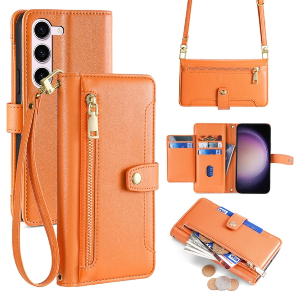 Leather Wallet Case For Samsung Galaxy S23 5G 6.1" Â 6-Card Holder, Zipper Bills Slot, Soft Sheepskin Strap, Orange 9327961732414