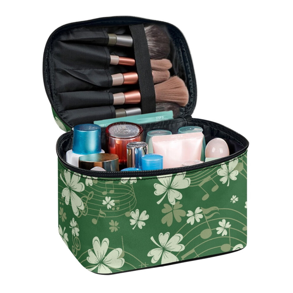 Top-Handle Cosmetic Bag with Brush Slots Four-Leaf Clover Musical Pattern Women Effortless Organization Polyester
