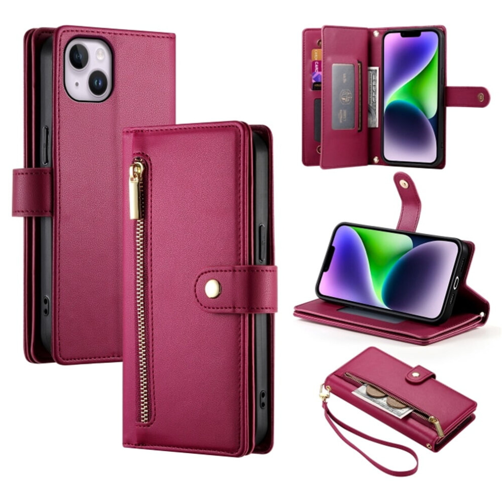 Leather Wallet Case For Iphone 14 Plus 6.7" Â Multi-Card Slots, Zipper Pocket, Lanyard Strap, Wristlet Â Compatible With Iphone 14 Plus Red 9327961733671