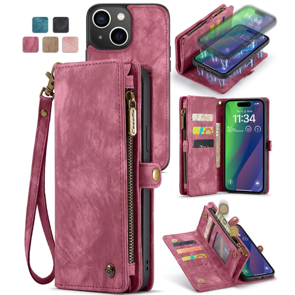Caseme Leather Wallet Case For Iphone 15 Â Detachable 8-Card Holder, Zipper Bills Slot, Magnetic Shockproof Flip Cover, Red 9327961734265