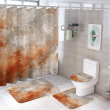 4-Pc Shower Curtain Set w/ Rug, Toilet Lid Cover & Non-Slip U-Shape Mat – Orange & Grey Abstract Art, Waterproof & Durable