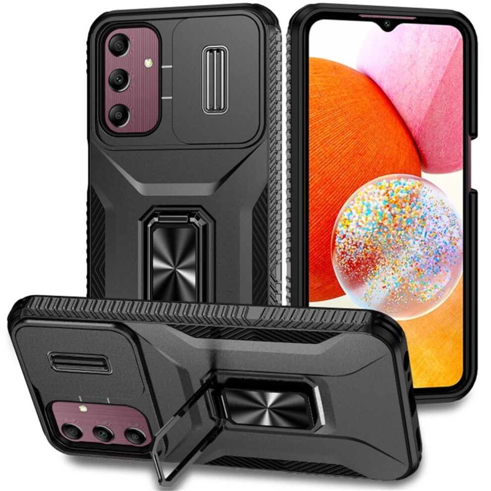 Slim Fit Shockproof Hybrid Case For Samsung Galaxy A15 5G, With Slide Camera Cover & Rotated Ring Kickstand, Military-Grade, Black 9353595645554