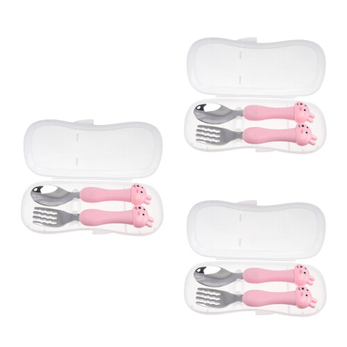 3Sets Cartoon Animal Cutlery Set Pink Infant Tableware Stainless Steel