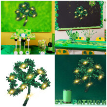St. Patricks dag glitterkrans med lys, shamrockgrønn metallisk hengende dekor for innendørs/utendørs irsk festival – kompatibel med St. Patricks