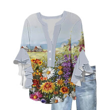 Blusas de verano informales con estampado floral estilo boho para mujer, cuello en V holgado, mangas tres cuartos acampanadas y fluidas.