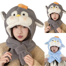 Cappello/sciarpa invernale da donna in peluche con stampa a cartoni animati, foderato in pile integrato, caldo berretto grigio