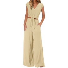 Completo estivo da donna 2025: top corto a maniche corte con scollo a V e cintura, pantaloni a gamba larga, tuta casual color kaki, taglia L.
