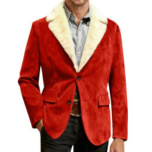 Men's Corduroy Blazer - Fleece-Lined Solid Color Warm Pocket Casual Suit Jacket, Red, XL