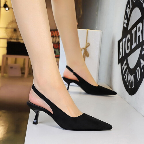 Women's Suede Pointed Toe Cutout Elegant Heel Strap Pumps