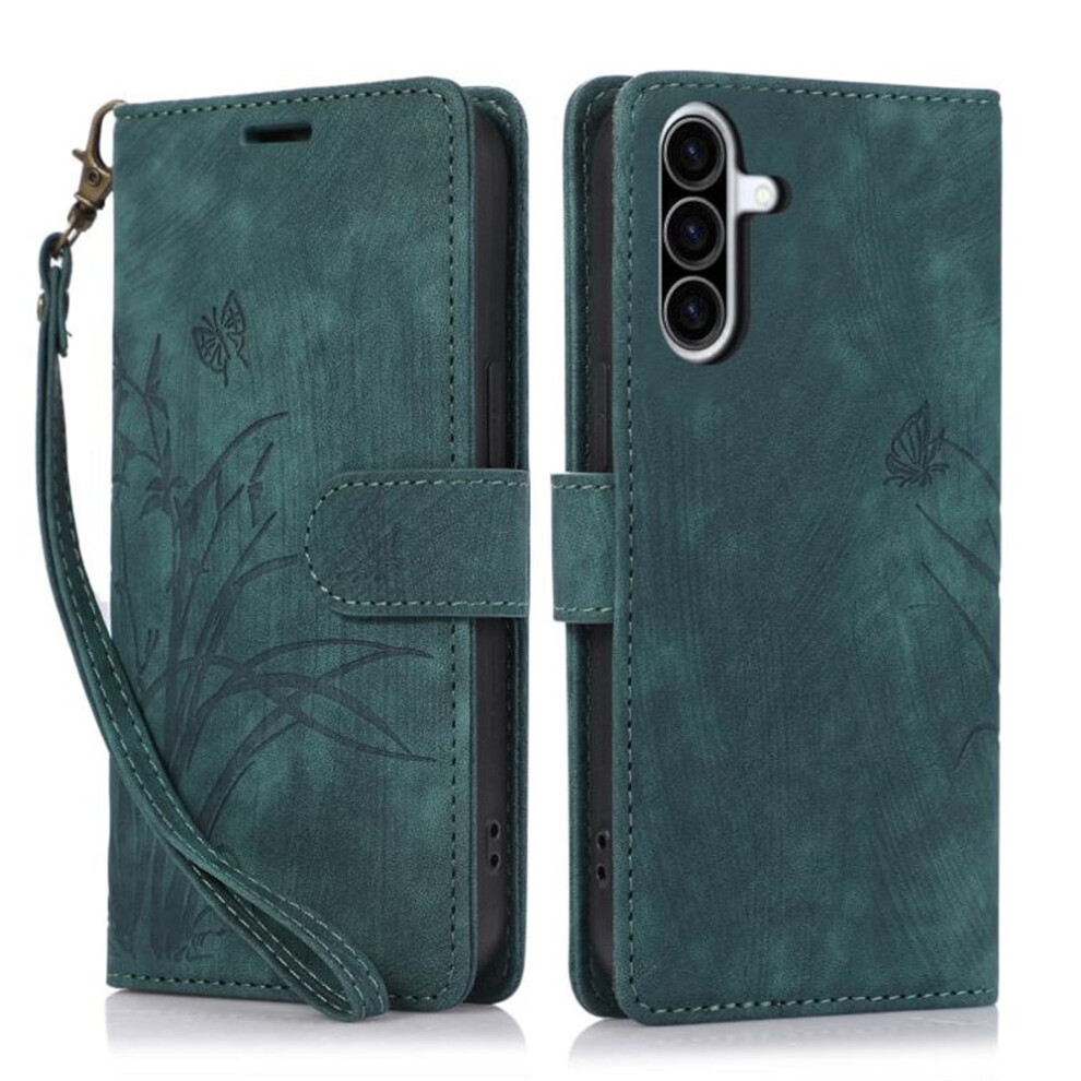 Leather Flip Wallet Case For Samsung Galaxy A36 5G Â Orchids & Butterflies Embossed, 3-Card Holder, Magnetic Closure, Green 9340959391691