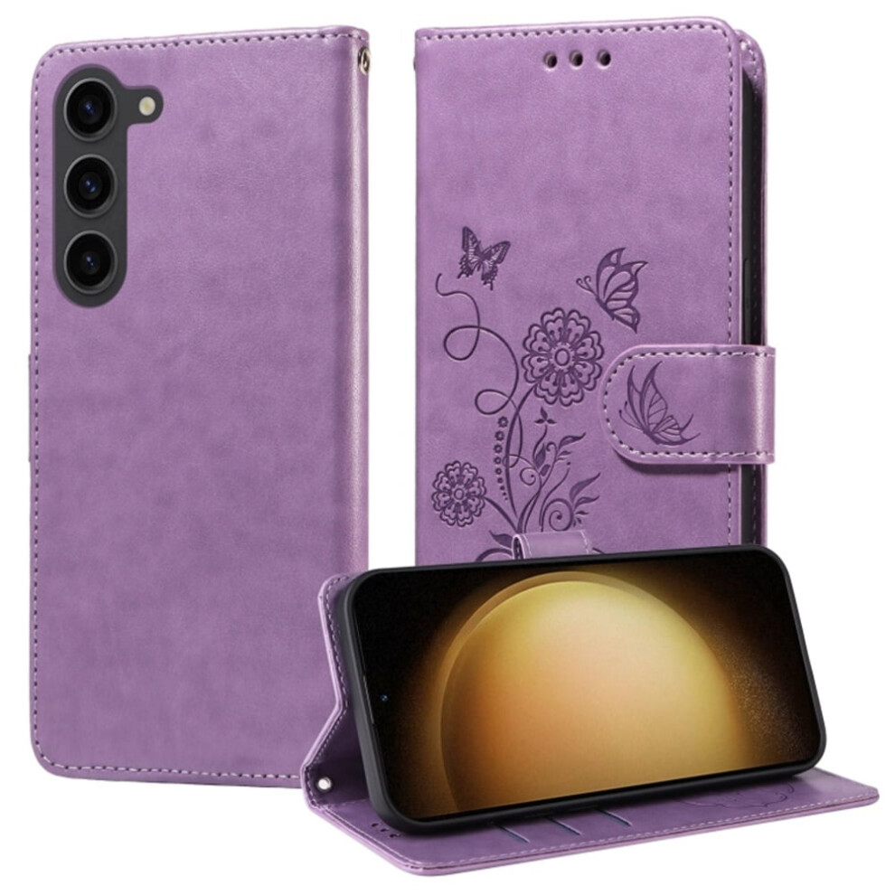 Embossed Butterfly Flower Flip Case For Samsung Galaxy S23+ 5G – Shockproof, Kickstand, Card & Cash Slots Purple 9340959392681