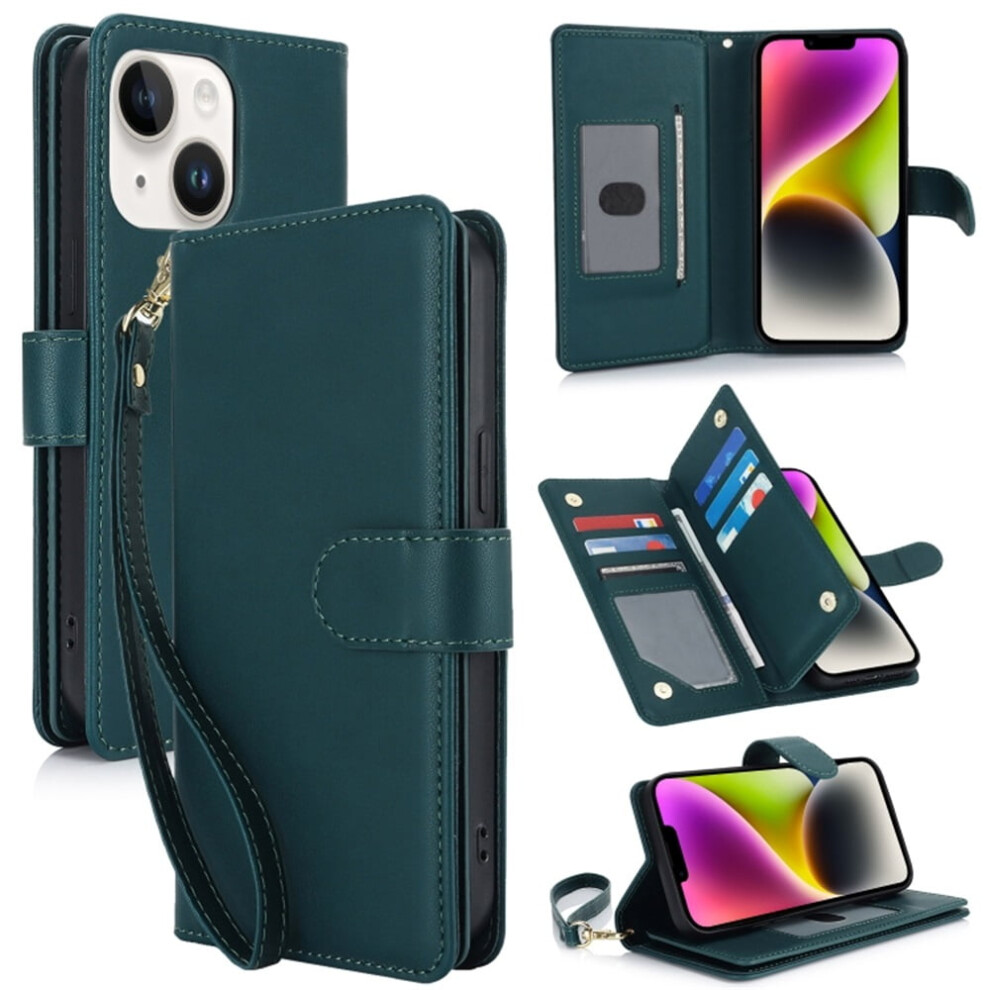 Leather Magnetic Flip Wallet Case For Iphone 14 6.1" Â Rfid Blocking, Kickstand, Anti-Drop Tpu, Detachable Wrist Strap, Green 9340959391288
