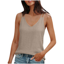 Dames zomer vintage katoen-linnen camisole, losvallend onderhemdje, mouwloos topje, kaki XL