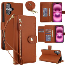 Puzdro-peňaženka s RFID blokovaním pre iPhone 17 (6,3"), nárazuvzdorné, sloty na viacero kariet, vrecko na zips, odnímateľný popruh na rameno