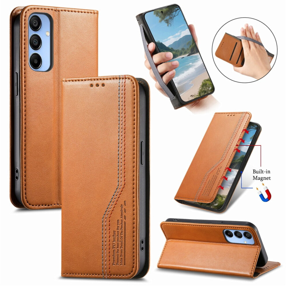 Leather Flip Wallet Case With Magnetic Suction & Wristband For Samsung Galaxy A15 6.5-Inch Â Compatible Brown 9340959394517