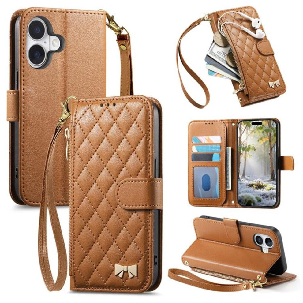 Pu Leather Bowknot Flip Wallet Case For Iphone 16 Plus Brown 937196006458