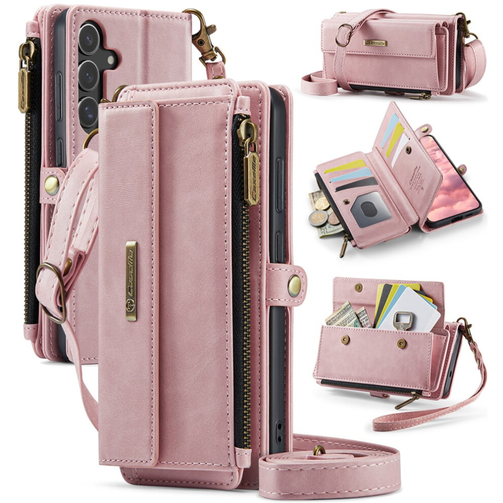 Caseme Wallet Case For Samsung Galaxy S24 Fe 5G Â Rfid Blocking Pu Leather Flip Cover With Kickstand, Wrist Strap, Zipper & Card Slots, Pink 9340959395729