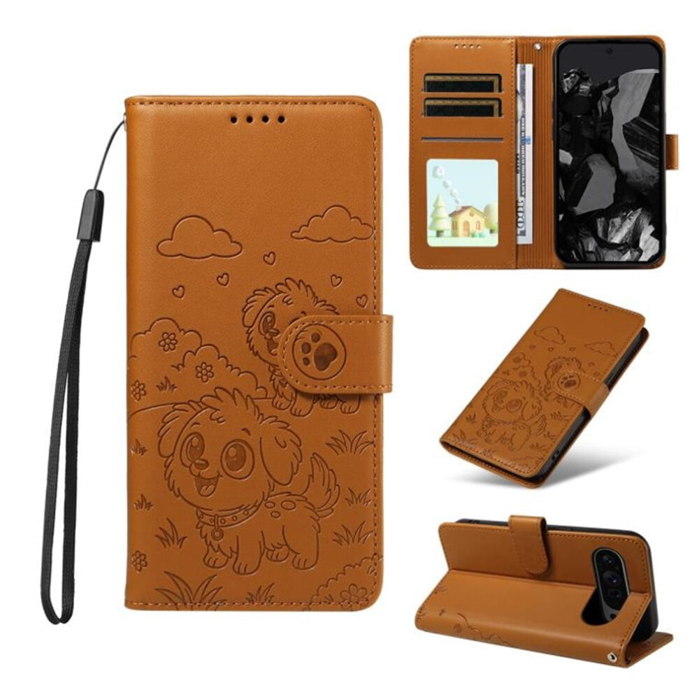 Leather Dog-Embossed Flip Case For Google Pixel 10 Â Rfid Wallet, Magnetic Clasp, Lanyard & Stand Brown 9340959395897