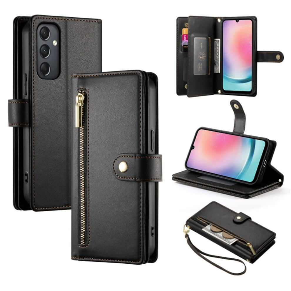 Samsung Galaxy A24 4G 6.5" Wallet Case Â Multi-Card Slots, Zipper Pocket, Lanyard Strap, Compatible With A24 Black 9340959395392