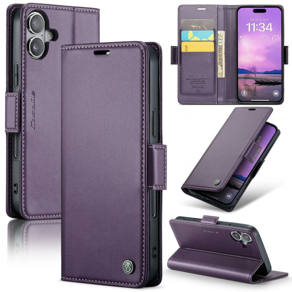 Caseme Leather Wallet Case For Compatible With Iphone 16 – Rfid Blocking, Magnetic Clasp, Kickstand, Purple 9340959395309