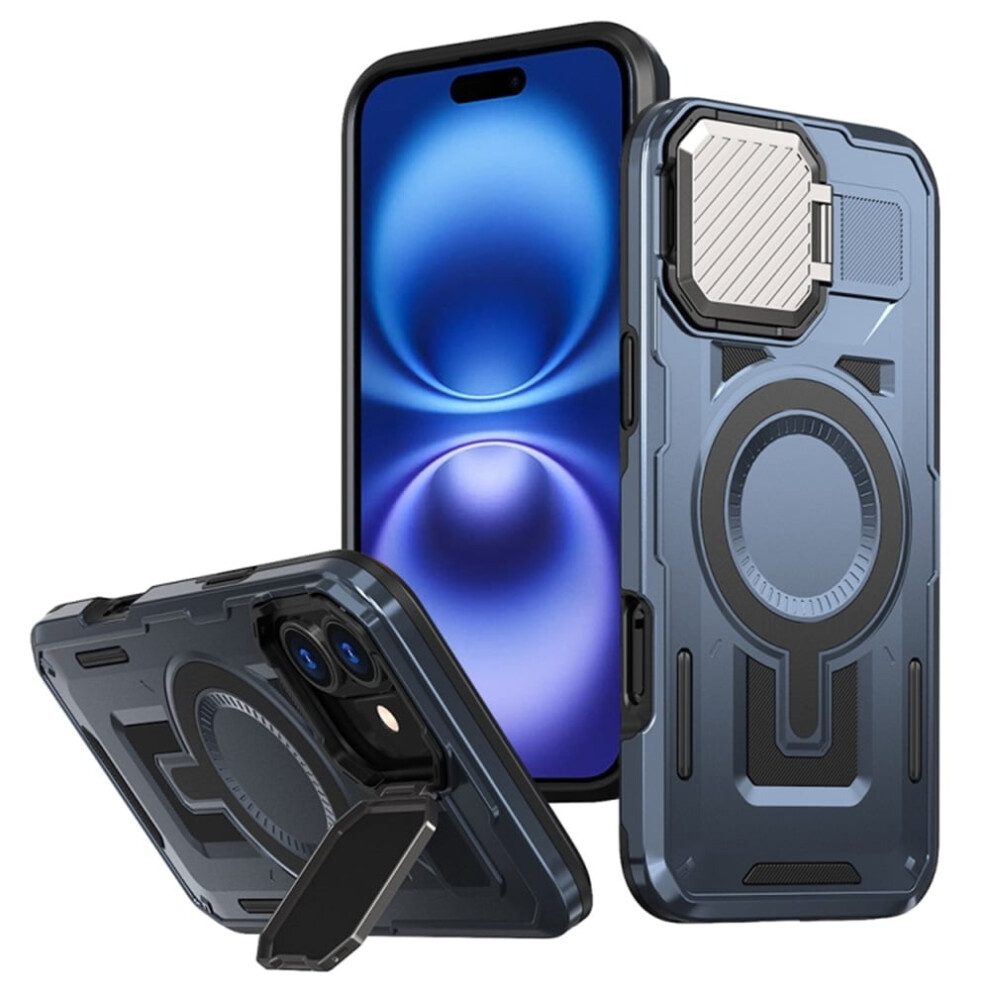 Rugged Magsafe Case For Iphone 16 (6.1") – Military-Grade, Adjustable Metal Lens Cover & Stand, Blue 9193271089544