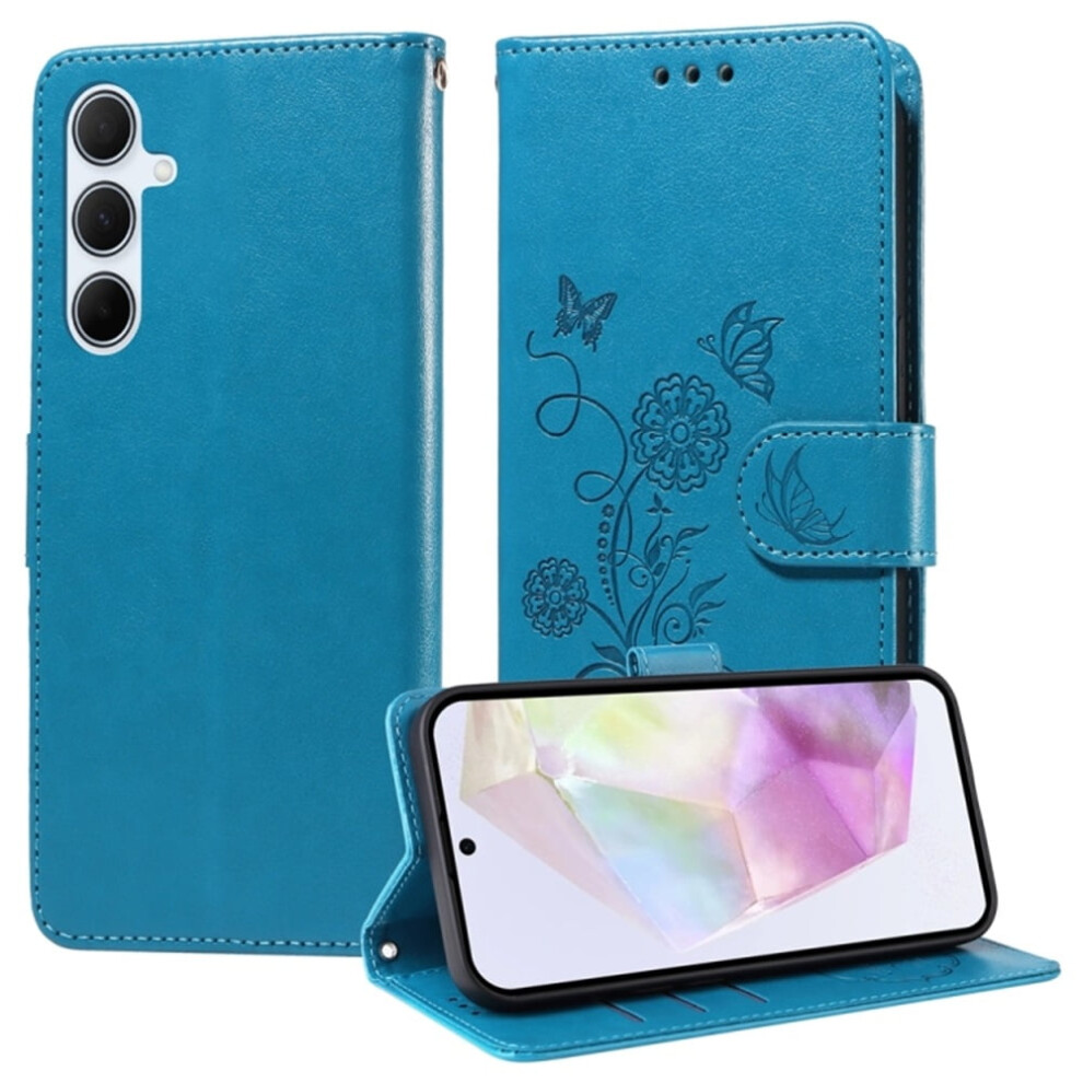 Embossed Butterfly Flower Flip Case For Samsung Galaxy A36 5G Â Shockproof, Kickstand, Card & Cash Slots Blue 9193271089667