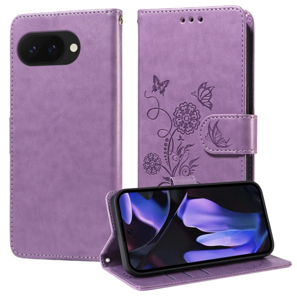 Embossed Butterfly Flower Flip Leather Case For Google Pixel 9A Â Shockproof, Kickstand, Card & Cash Slots Purple 9193271090496