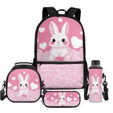 Set de 4 rucsacuri pentru copii în formă de iepuraș roz, cu cutie de prânz, penar și husă pentru sticlă – Compatibil cu școala,