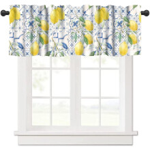 Cantonnière citron à carreaux bleus, motif floral aquarelle en toile de jute bleu marine italienne – Convient pour une cuisine de style