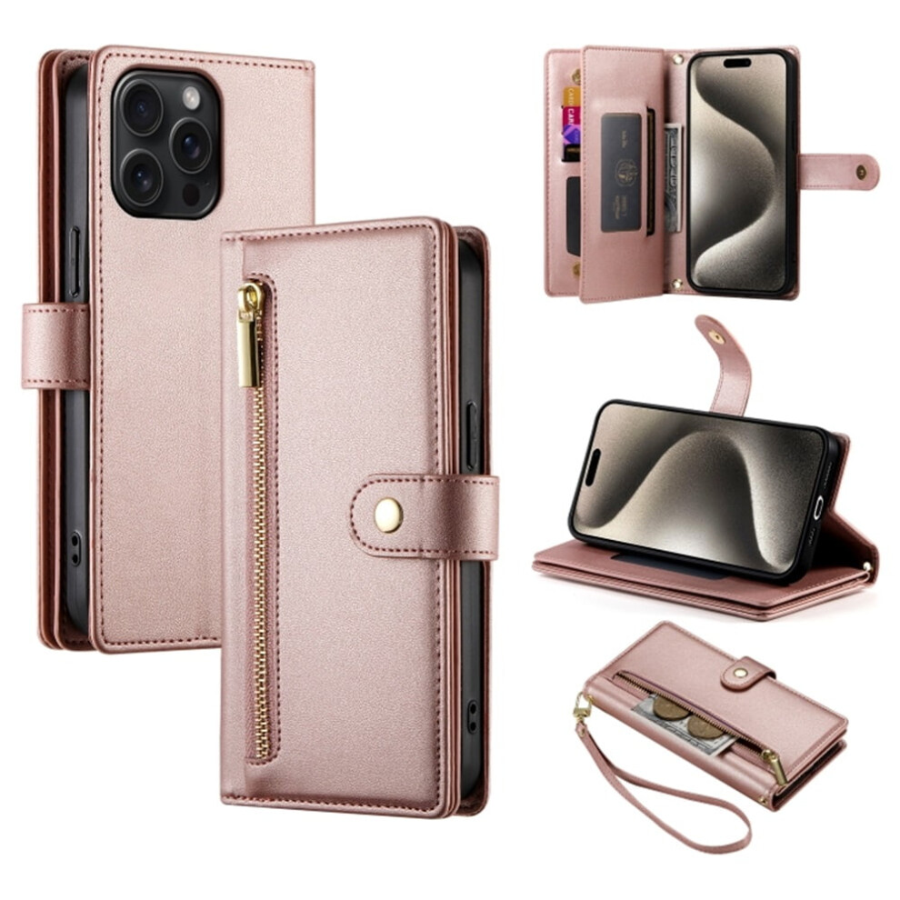 Leather Wallet Case For Iphone 15 Pro MaxâMulti-Card Slots, Zipper Pocket, Lanyard Strap, WristletâCompatible With Iphone 15 Pro Max Pink 9193271092957