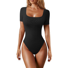Women's Bodysuits Sexy Ribbed One Piece Square Neck Short Sleeve Bodysuits