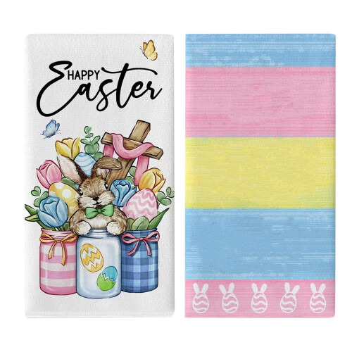 Easter Kitchen Dish Towels Set of 2 Bunny Eggs Pattern