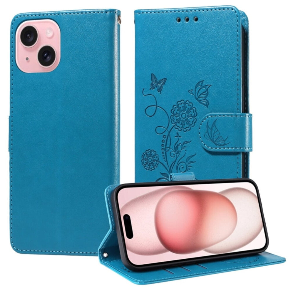 Embossed Butterfly Flower Flip Leather Case For Iphone 15ÂShockproof, Kickstand, Card Slots & Cash Compartment Blue 9327961737471
