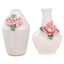 Ceramic Bud Vase Set of 2, Handmade 3D Pink Floral Green Leaf Design Vases