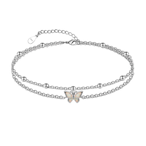 Sterling Silver Opal Butterfly Anklet, 10.7 in Cable Chain