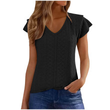 Blusas de verano para mujer, camisas de manga corta con volantes y ojales, camisetas elegantes e informales con cuello en V, blusas tipo túnica