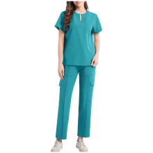 Women Scrubs Set Blue Solid V-Neck Short Sleeve with