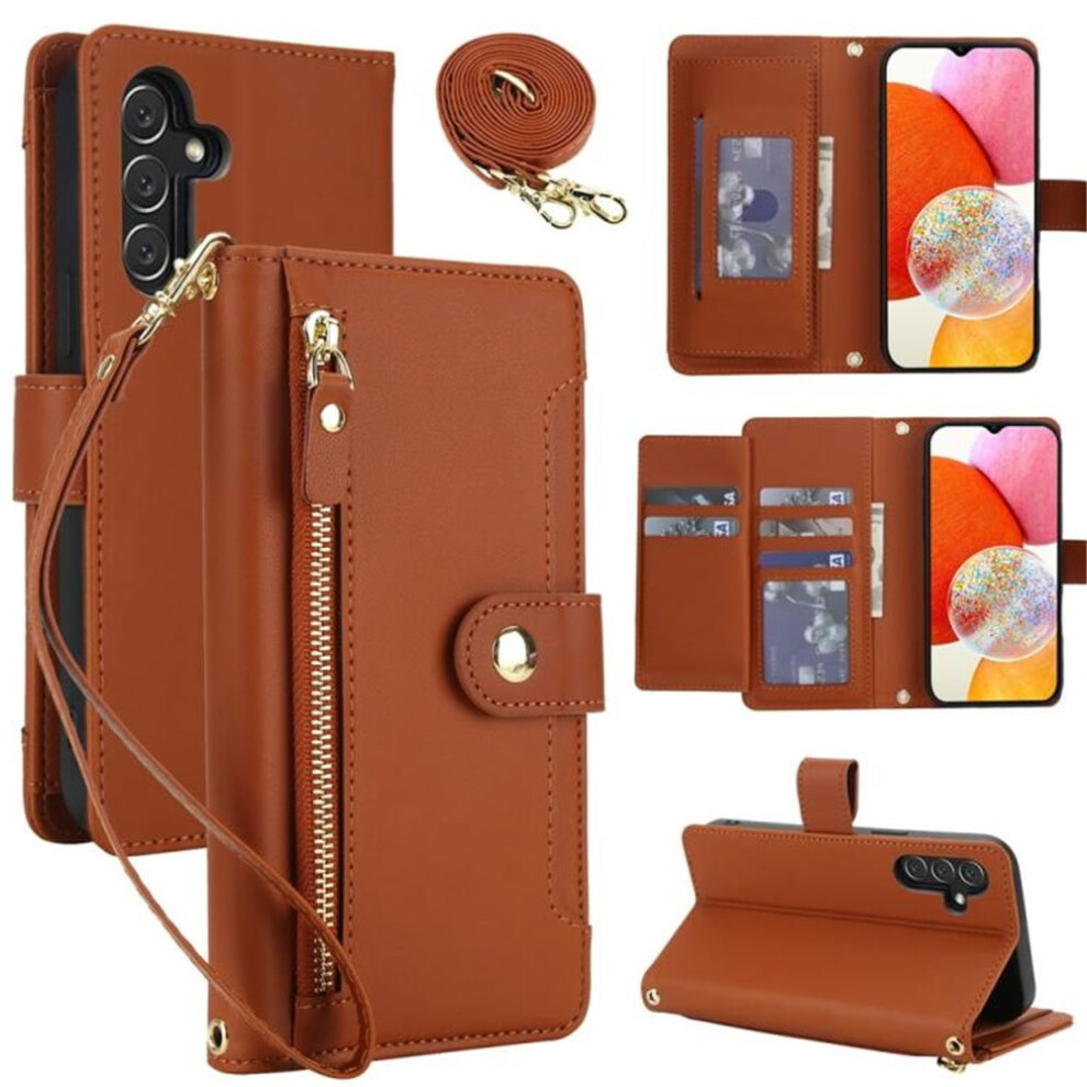Rfid Blocking Wallet Case For Samsung Galaxy A14 5G/4G (6.6"), Shockproof, Multi-Card Slots, Zipper Pocket, Detachable Straps, Brown 9353595649828