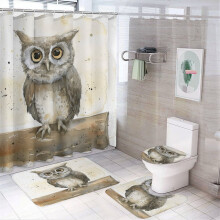 4-Piece Shower Curtain Set with Watercolor Owl Rug, Waterproof & Durable – Compatible with Standard Bathtubs