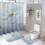 Σετ 4 τεμαχίων κουρτίνας μπάνιου με μπλε λουλούδια, αδιάβροχη κουρτίνα, 1