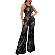 Women's Solid Black Sequin Jumpsuit High-Waisted Sleeveless