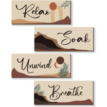 4 buc. Decor de baie Boho: Relax Soak Unwind citate, artă murală din lemn suspendată, abstractă Farmhouse, 25x10 cm, pentru